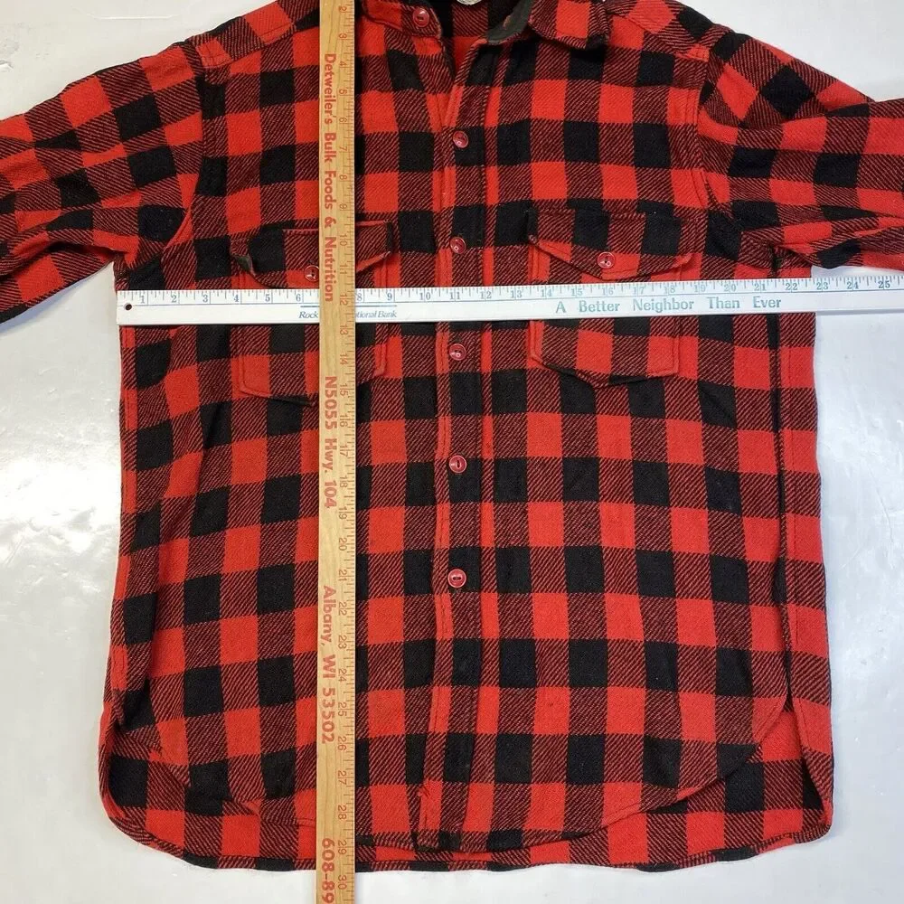 Vintage Woolrich Shirt Wool Shacket Mens L Red Buffalo Plaid Tartan *Flaw